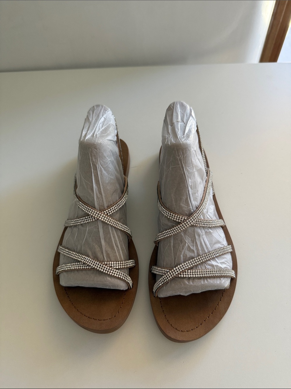 Steve Madden Tan Brown Sandals with Rhinestone Straps